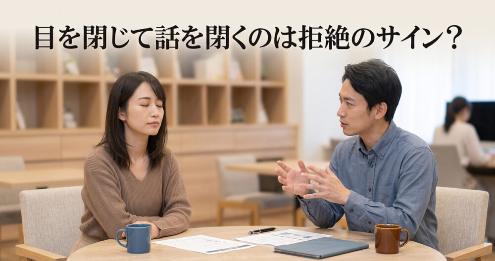 目を閉じて話を聞く仕草が拒絶かどうかを考えるイメージ