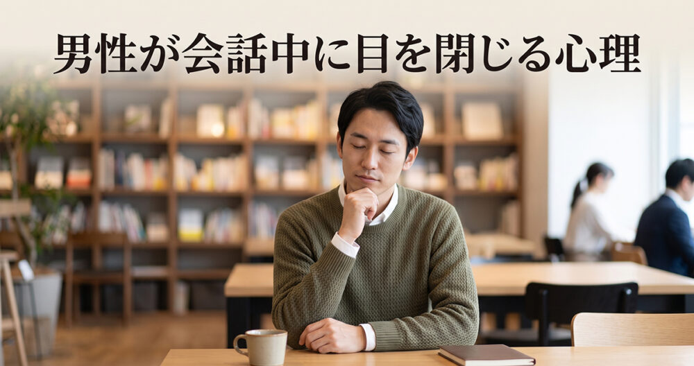 会話の途中で目を閉じて考える男性の心理イメージ