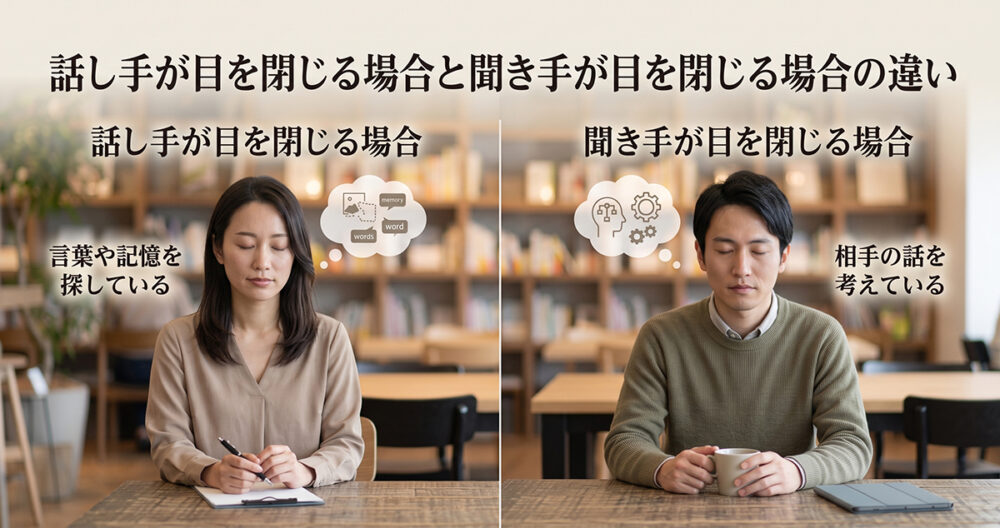 話し手と聞き手が目を閉じる場面を比較した心理解説イメージ