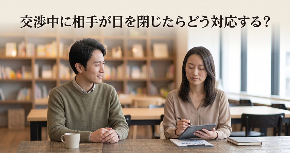 交渉中に相手の反応を待ちながら穏やかに話し合うイメージ