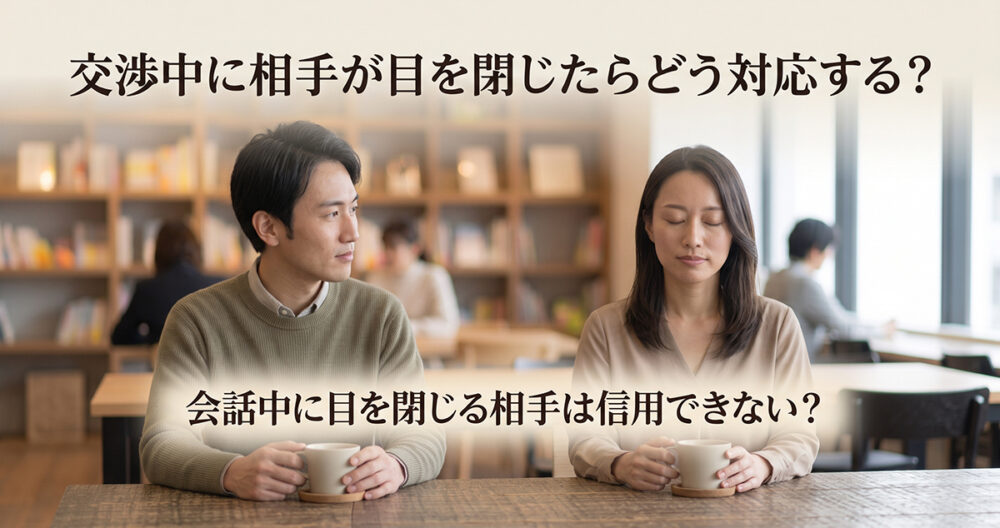 会話中に目を閉じる仕草だけでは信用を判断できないことを表すイメージ