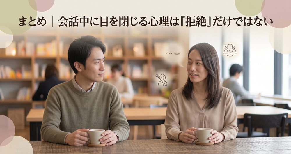 会話中に目を閉じる仕草にはさまざまな心理があることを表したイメージ