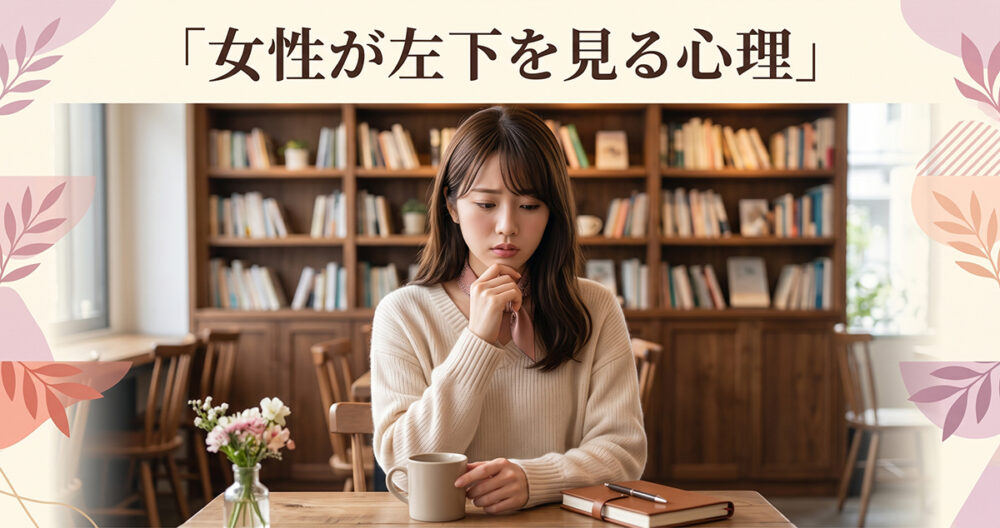 会話中に左下へ視線を向けて言葉を選ぶ女性の心理イメージ