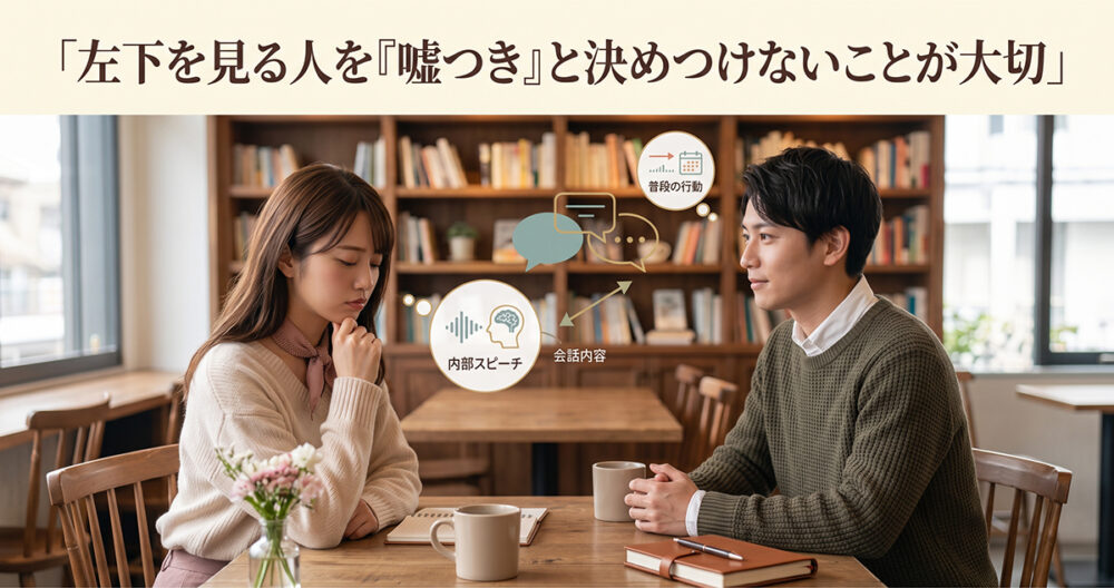 左下を見る仕草だけで相手を嘘つきと判断しないことを表すイメージ