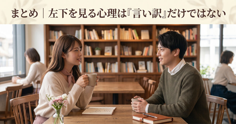 左下を見る仕草には言い訳以外にも複数の心理があることを表したイメージ