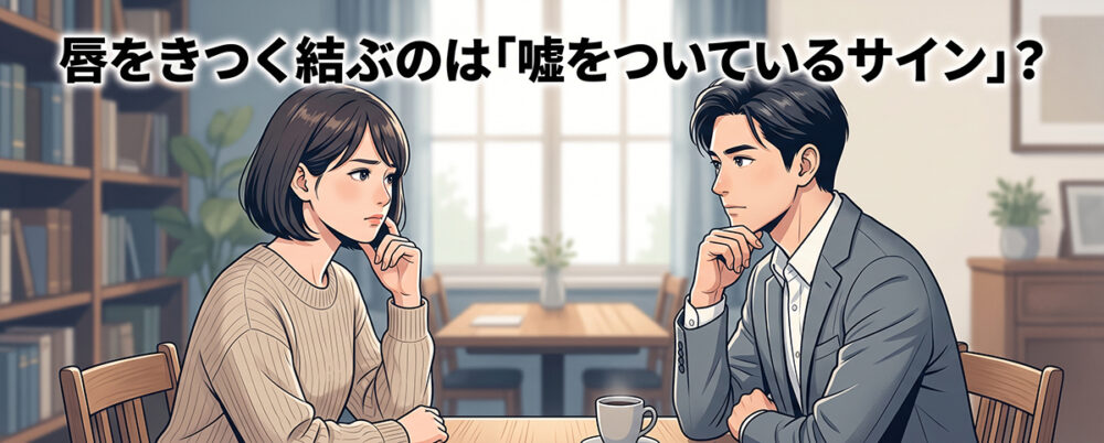 質問されて唇を結ぶ人物から嘘を判断できるのか考える場面