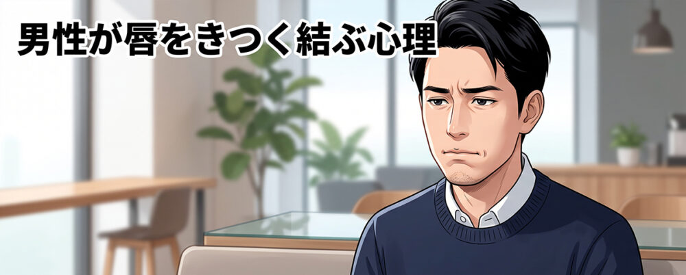 感情や緊張を抑えるように唇をきつく結ぶ男性