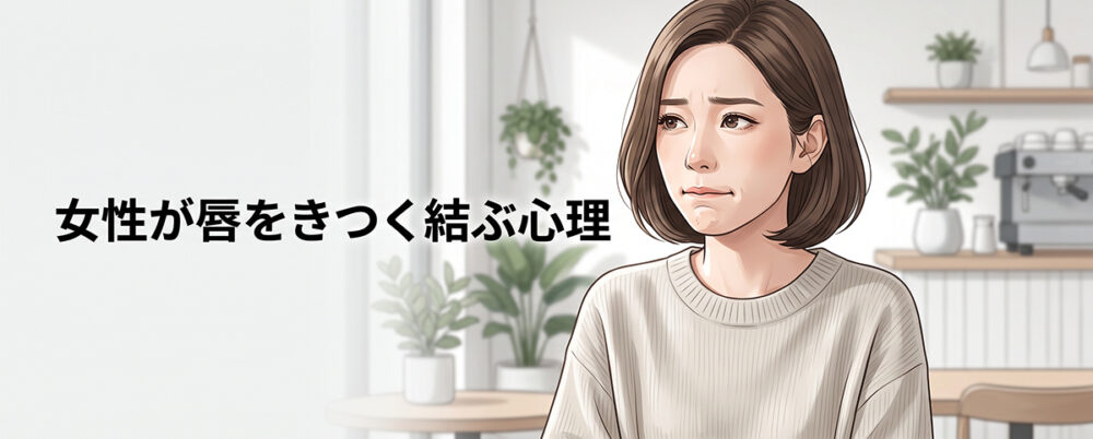 不安や不満を抑えるように唇をきつく結ぶ女性