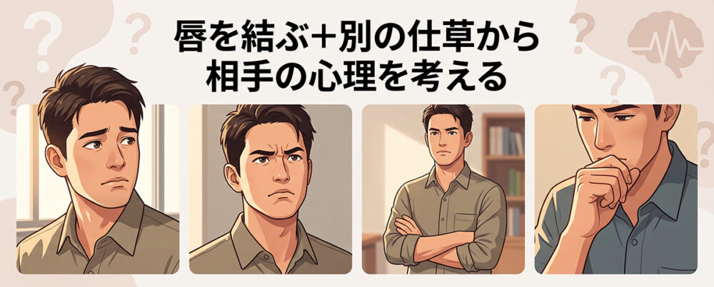 唇を結びながら目線や腕組みなど別の仕草を見せる人物