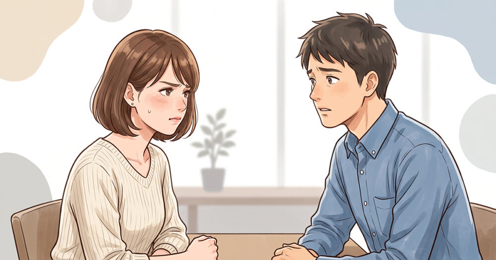 会話中に唇をきつく結び、本音を抑えている様子の人物