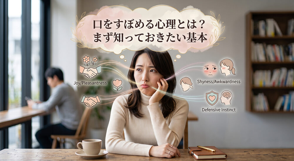 会話中に口をすぼめながら考え込む人の心理を表したイメージ
