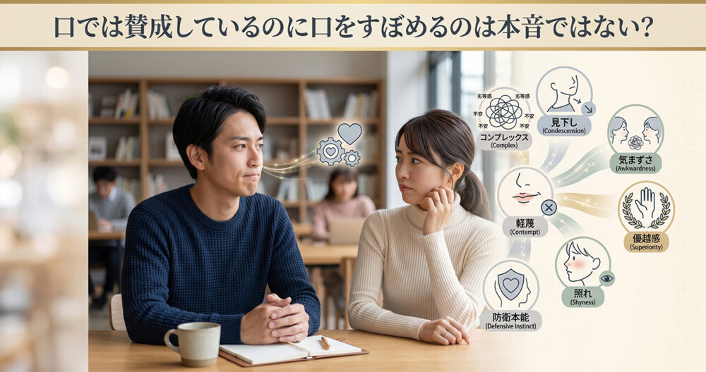 口では賛成しながら口元に迷いや不満が表れる人の心理イメージ
