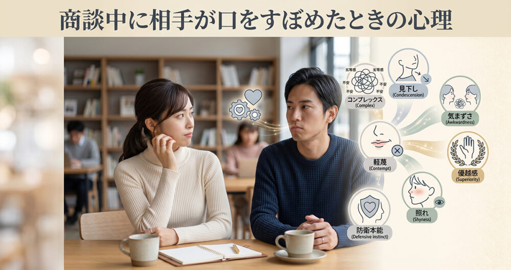 商談で提案を聞きながら口をすぼめて考える相手の心理イメージ