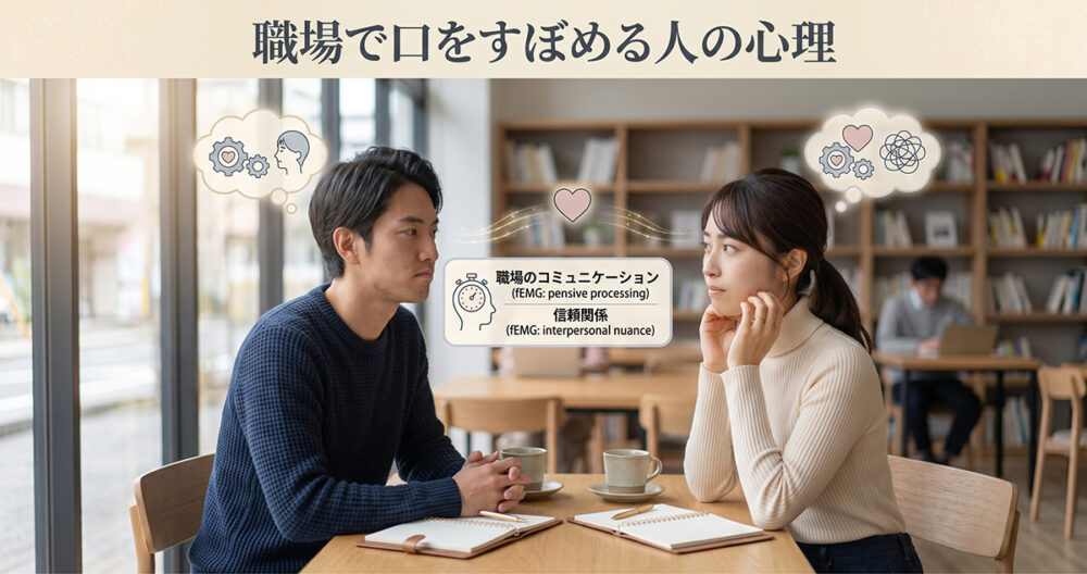 職場の会話で口をすぼめながら意見を考える人の心理イメージ