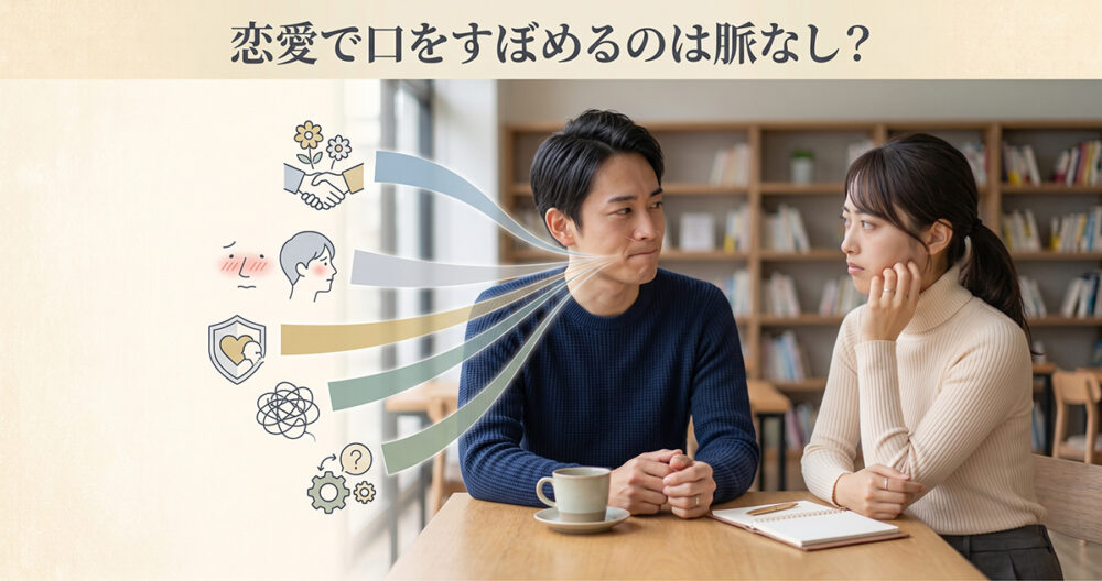 好きな相手との会話で口をすぼめる仕草と恋愛心理を表したイメージ
