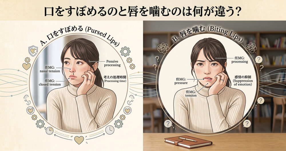 口をすぼめる表情と唇を噛む表情を比較した心理解説イメージ