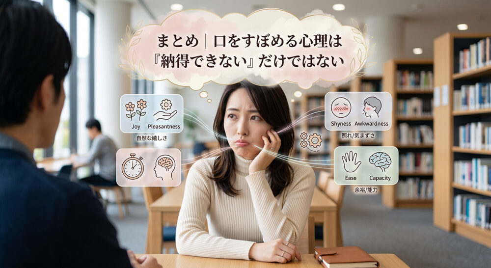 口をすぼめる仕草には不満以外にもさまざまな心理があることを表したイメージ