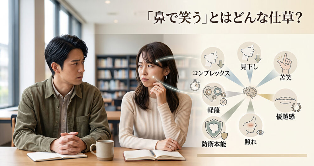 口を閉じたまま鼻から小さく息を出して笑う人物の仕草を表したイメージ