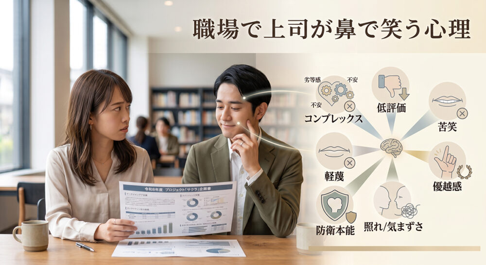 企画書を見ながら鼻で笑う上司と戸惑う部下を表した職場の心理イメージ