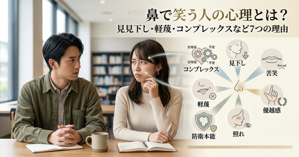 会話中に鼻で小さく笑い、見下しや軽蔑、照れなど複数の心理を感じさせる人物を表したコラム画像