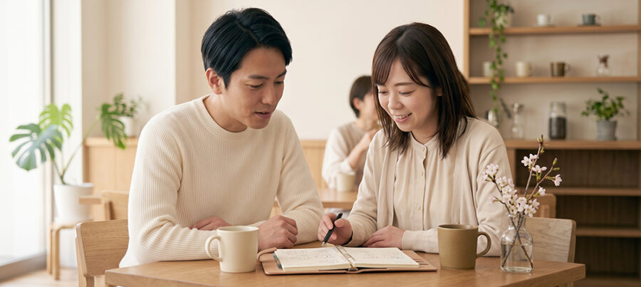 将来の生活について話し合うカップル