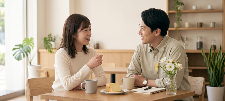 カフェで会話を楽しむ初デートの男女