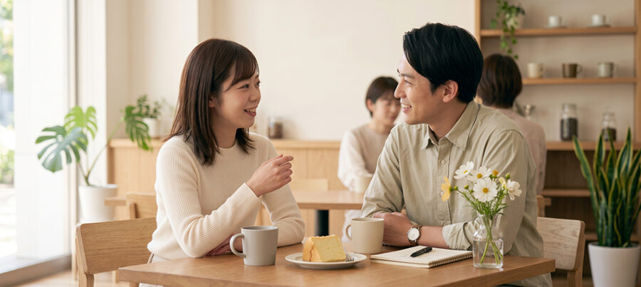 自然体で会話しながら歩く男女