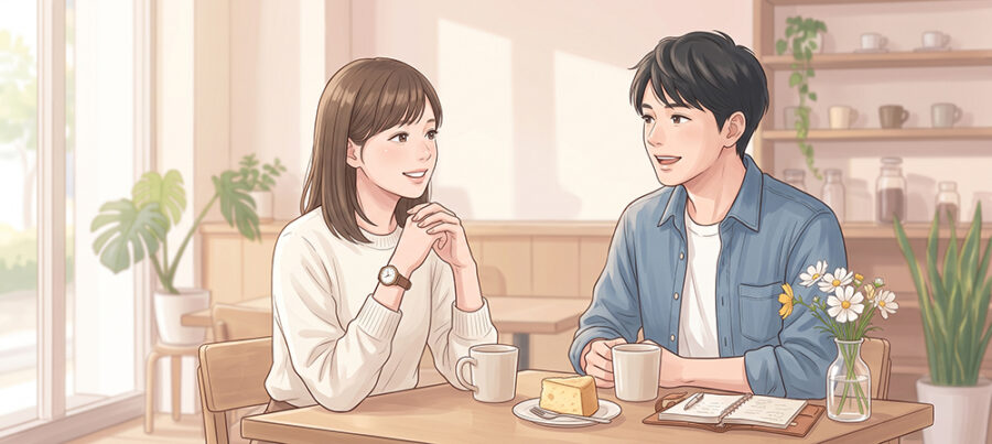 カフェで会話を楽しむ男女