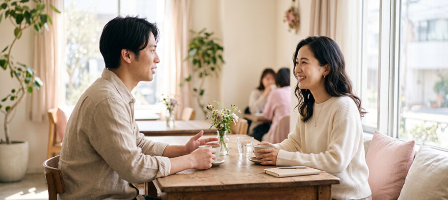 カフェで適度な距離を保ちながら自然に会話する男女
