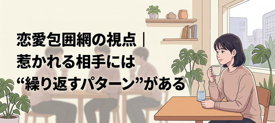 恋愛で惹かれる相手の共通点を考える女性のイラスト