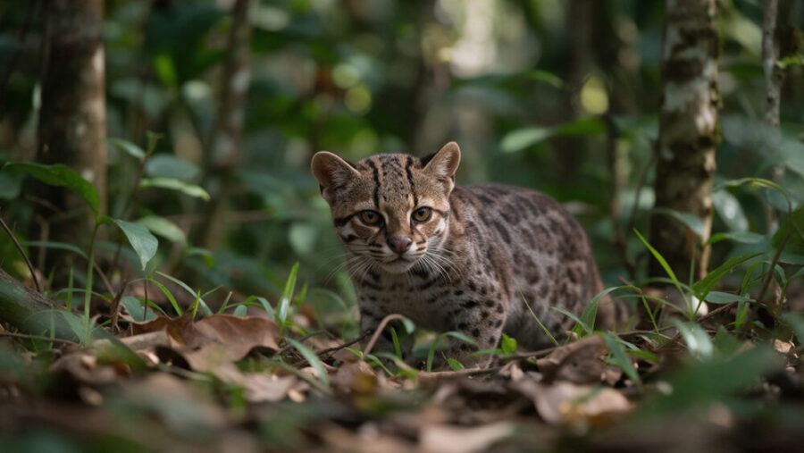森林の草むらから周囲を見つめる小型野生ネコのイメージ
