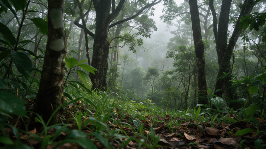 霧に包まれた南米の山地の森林をイメージした風景